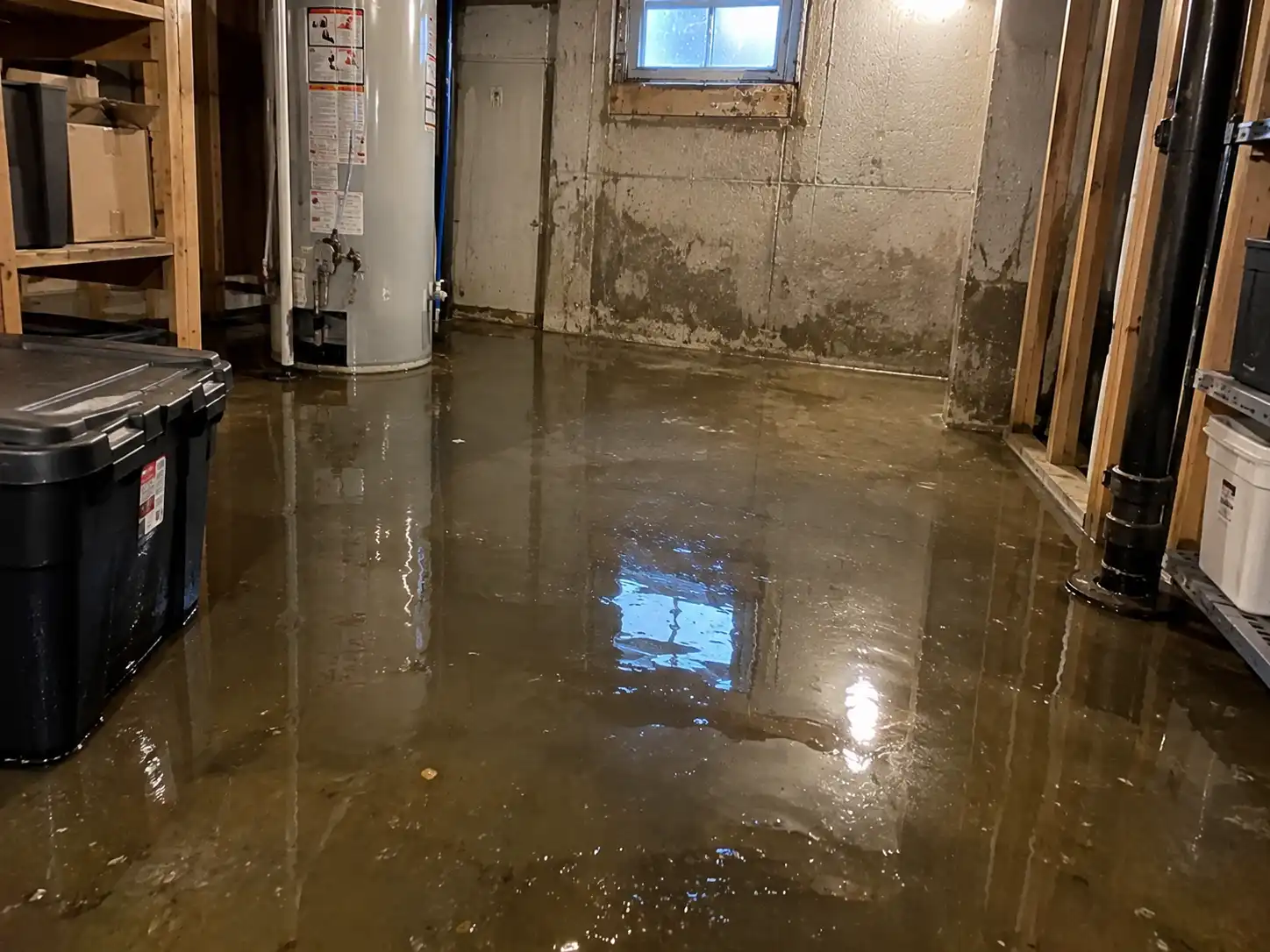 Flooded basement in Kansas City with standing water covering the concrete floor near a water heater and storage bins.