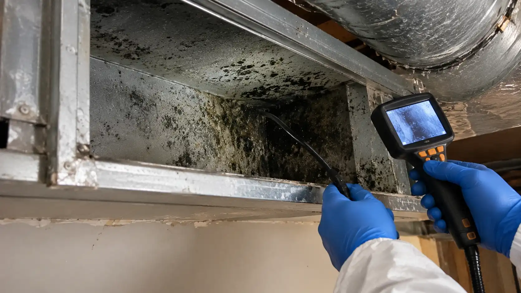 Technician in blue gloves uses a borescope camera to inspect severe mold growth inside metal HVAC ductwork.