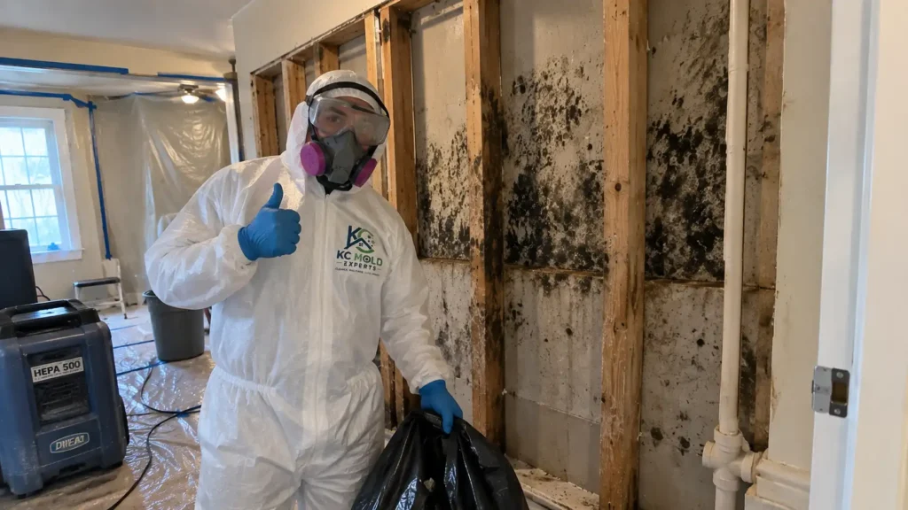 KC Mold Experts technician in full PPE giving thumbs up beside heavily mold-covered wall during remediation in Kansas City home.