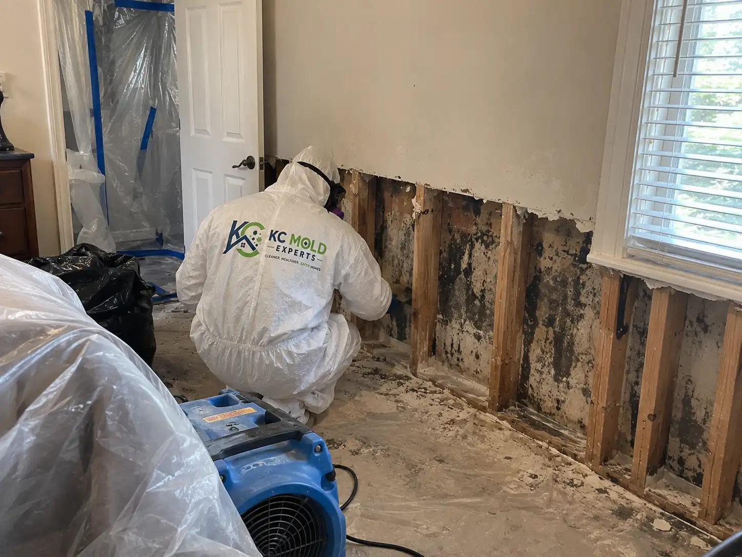 KC Mold Experts technician in full protective gear removing severe black mold from exposed wall studs in a Kansas City home.